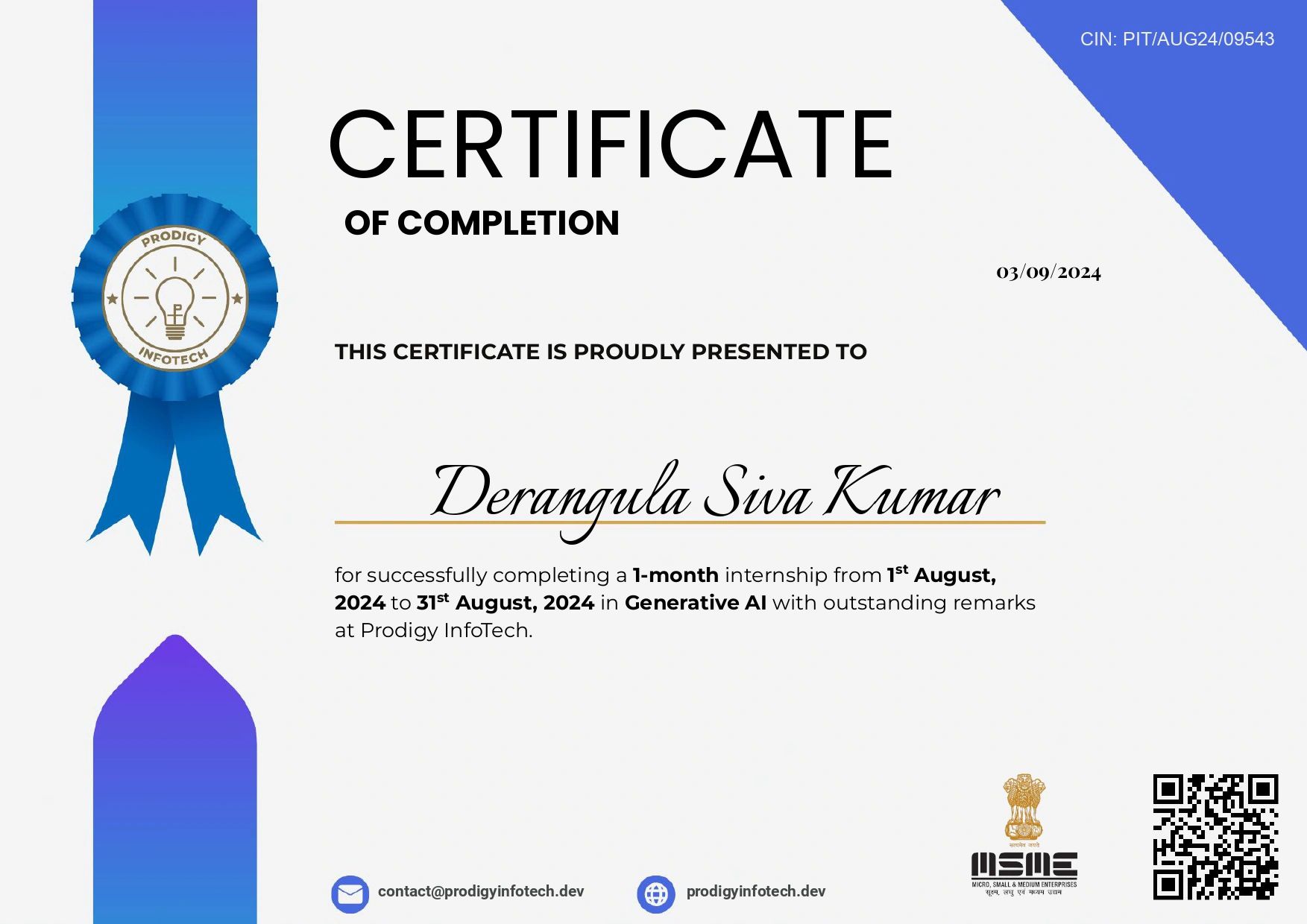 Prodigy InfoTech Generative AI certificate
